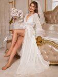 3d Floral Lace Wide Sleeve Extra Long Mesh Sheer Nightgown
