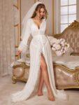 3d Floral Lace Wide Sleeve Extra Long Mesh Sheer Nightgown