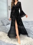 Floral Mesh Belted Robe Sleep Lingerie Set