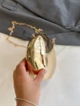 1pc Acrylic Metallic Clutch Bag, Glossy Oval Shaped Handbag With Metal Chain Strap, Women Gift
