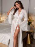 Contrast Mesh Trumpet Sleeve Belted Sleep Robe Without Lingerie Set