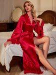 Frill Trim Belted Satin Robe For Women Sleepwear