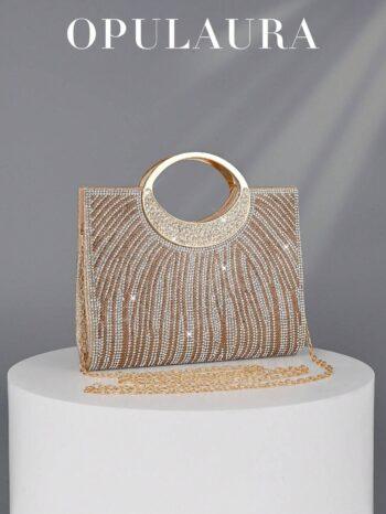 OpulAura Fashionable Sparkling Crystal Embellished Evening Clutch Bag For Women - Gold