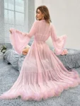 Trill Trim Trumpet Sleeve Ruffle Hem Belted Mesh Robe