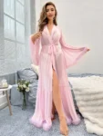 Trill Trim Trumpet Sleeve Ruffle Hem Belted Mesh Robe