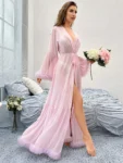 Trill Trim Trumpet Sleeve Ruffle Hem Belted Mesh Robe