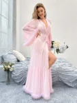Trill Trim Trumpet Sleeve Ruffle Hem Belted Mesh Robe