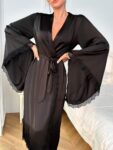 Women Fashionable Lace Trim Black Batwing Sleeve Robe