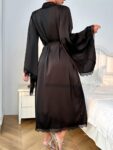 Women Fashionable Lace Trim Black Batwing Sleeve Robe