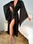 Women Fashionable Lace Trim Black Batwing Sleeve Robe