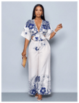 Women's Floral Vacation Outfit – Butterfly Sleeve Crop Blouse & Wide-Leg Pants Two-Piece Set for Spring/Summer