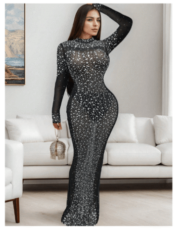 Women's Black Mesh Glitter Evening Gown – Elegant Long Sleeve Formal Dress for Weddings, Graduation & Dinners