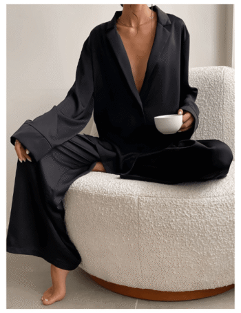 Luxury Satin Deep V Pajama Suit – Elegant Long-Sleeve & Trousers Set for Comfort & Outerwear Style