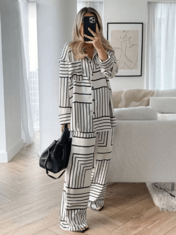 Women's Elegant 2-Piece Set – Fashionable Casual Commuter Outfit with Line & Geometric Pattern