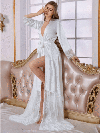 Women's Extra Long Satin Nightgown – Elegant Lace Splicing Sleepwear